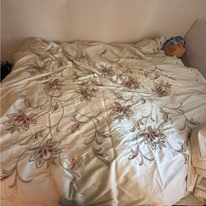 Martha Stewart Cream Duvet Cover with Red and Gray Floral Embroidery